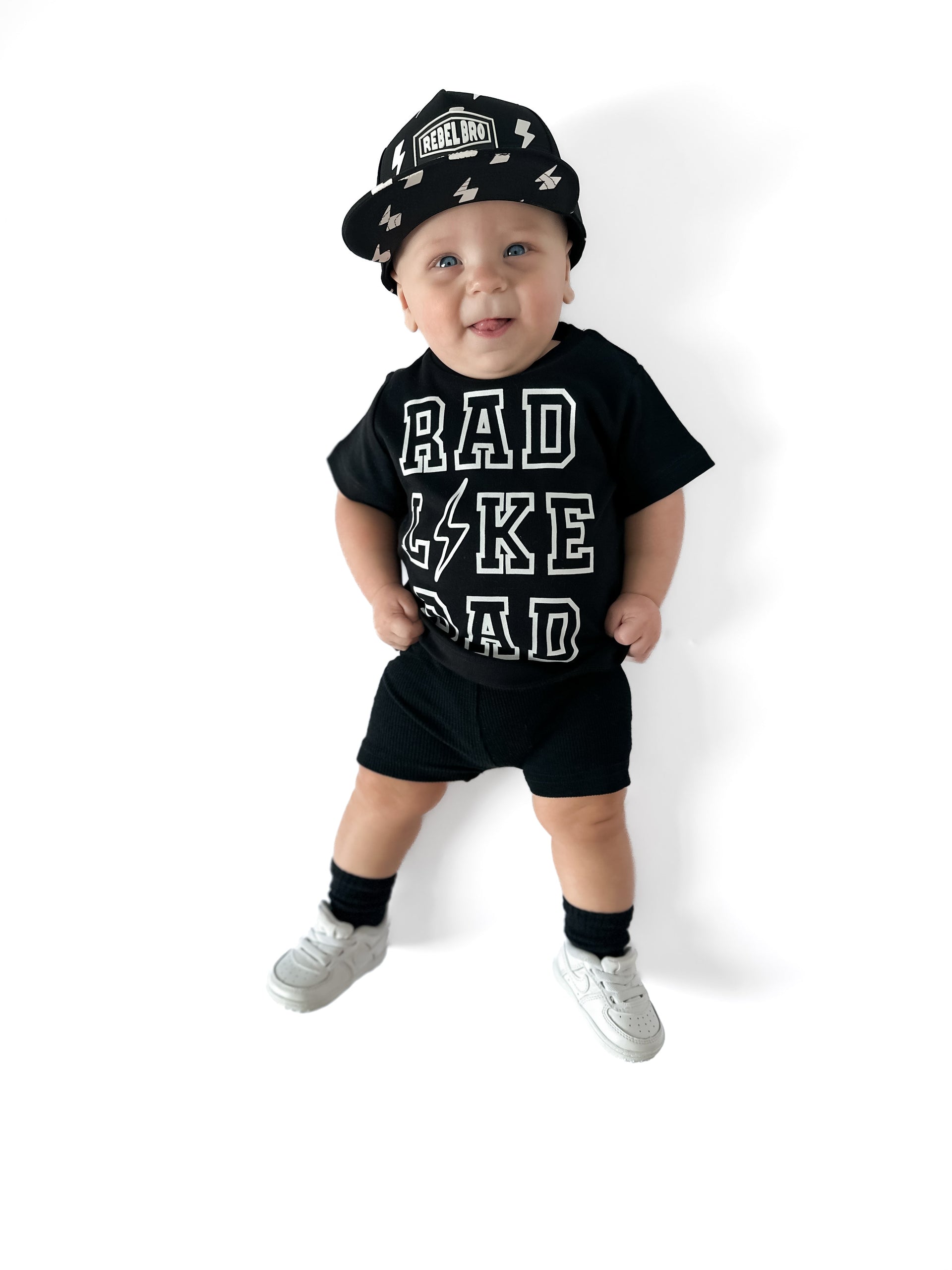 Rad Like Dad kids unisex graphic t-shirt in black and white cotton.