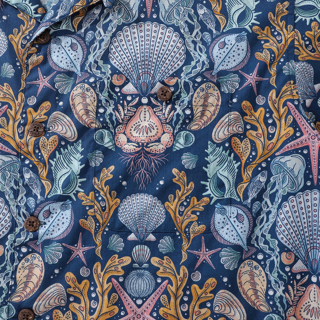 Deep Sea Damask Print Cotton Camp Collar Hawaiian Shirt