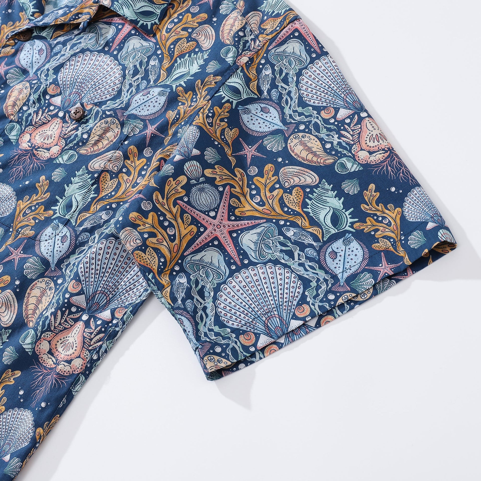 Deep Sea Damask Print Cotton Camp Collar Hawaiian Shirt