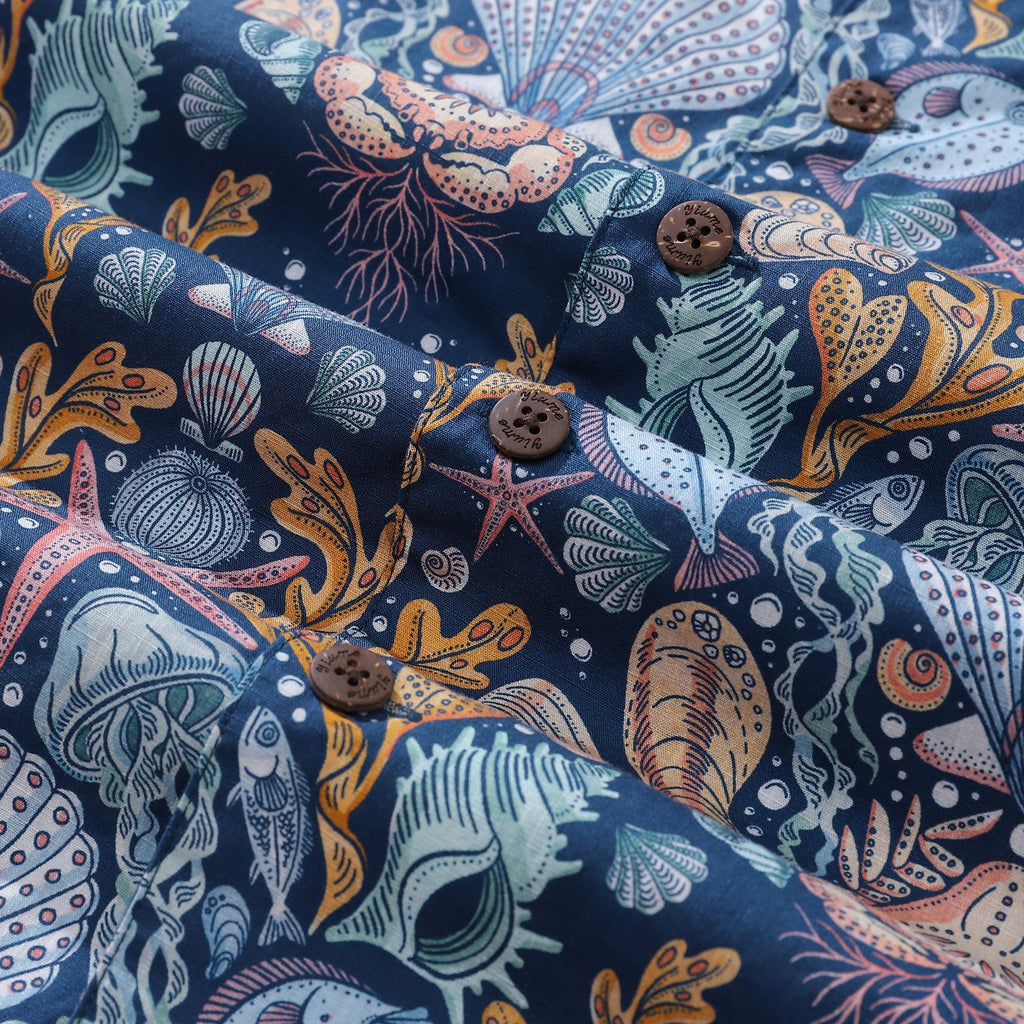 Deep Sea Damask Print Cotton Camp Collar Hawaiian Shirt