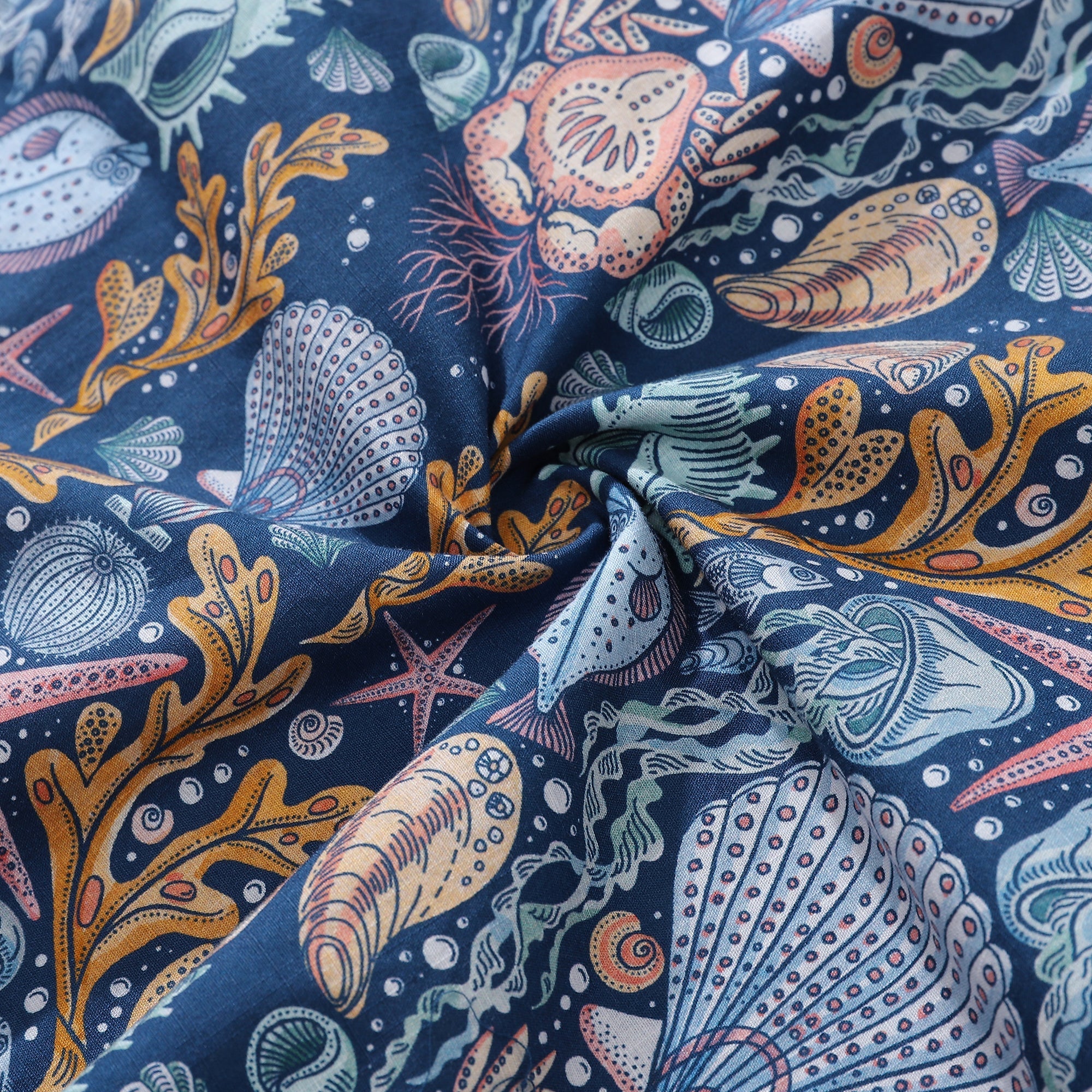 Deep Sea Damask Print Cotton Camp Collar Hawaiian Shirt
