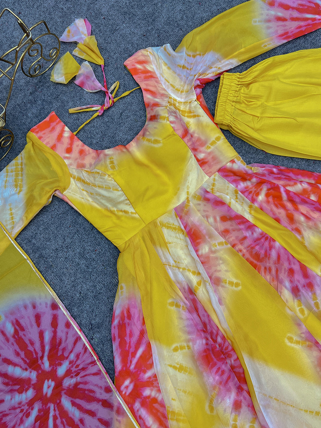Women's Yellow Floral Organza Silk Anarkali Gown Set