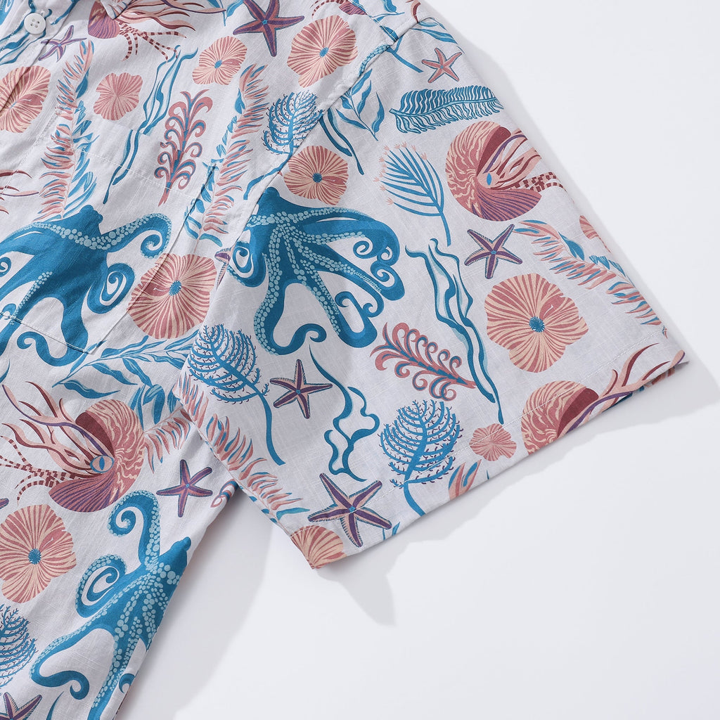 Men's Octopussy Print Cotton Aloha Button-Down Short Sleeve Shirt