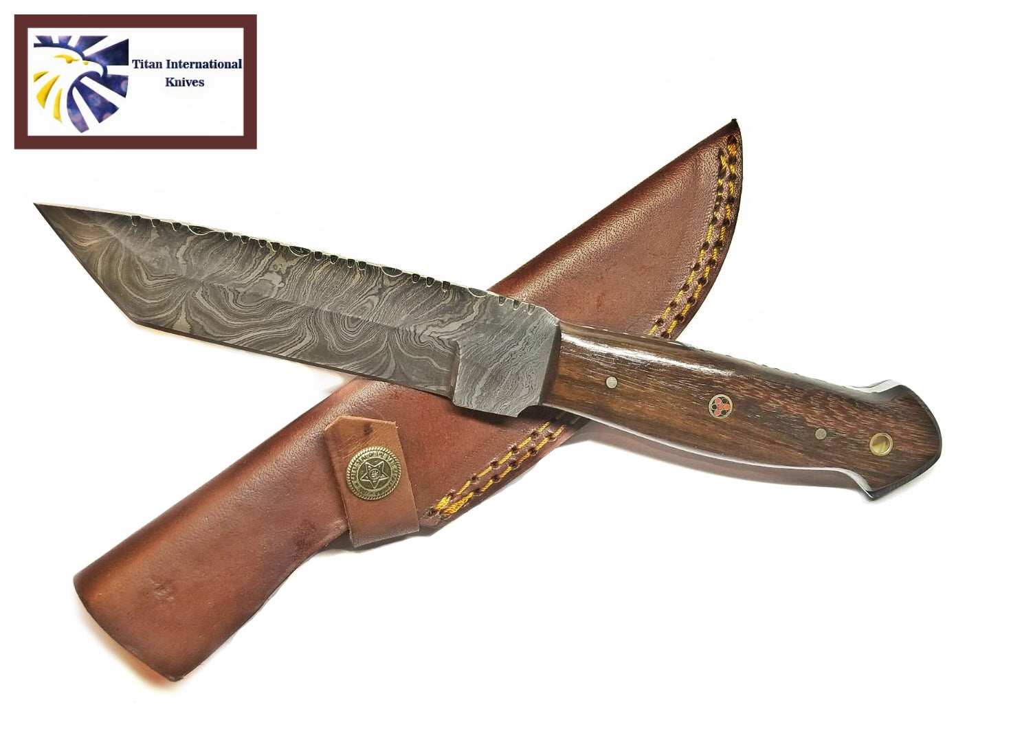 Titan International Knives fixed blade with Damascus steel pattern and walnut wood handle.