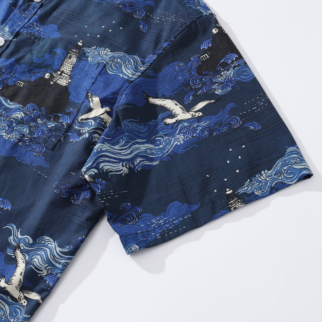 Men's Lighthouse Print Cotton Short Sleeve Aloha Shirt