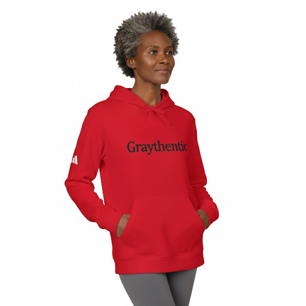 Sporty unisex knit fleece hoodie in solid red, dark-gray, and white color options.