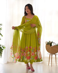 Green floral print organza silk Anarkali kurta set with badla jari work and matching dupatta