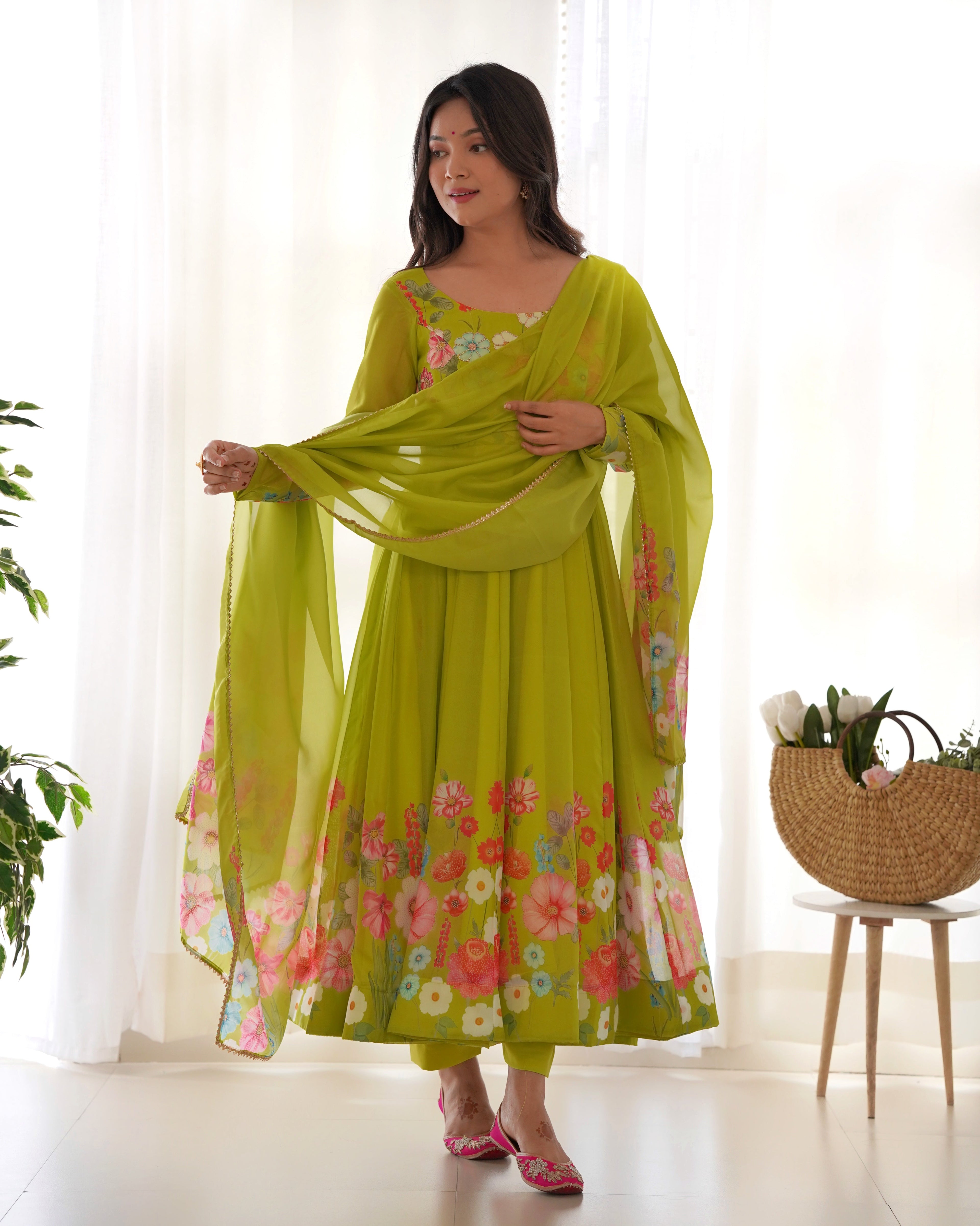 Green floral print organza silk Anarkali kurta set with badla jari work and matching dupatta
