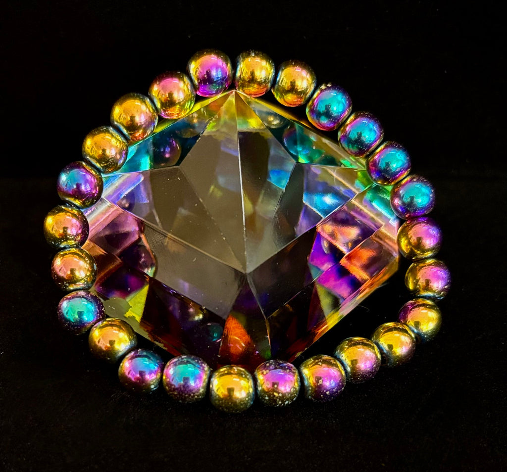 Rainbow Hematite Round Beaded Bracelet – LGBTQ Pride & Strength for Medium or Large Wrists