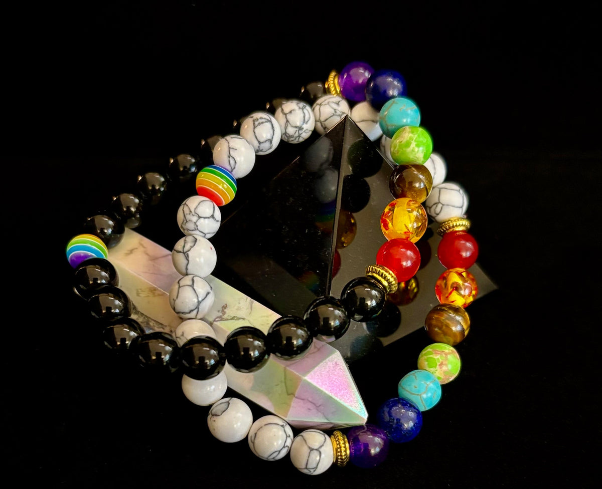🌈 Faux Stone Chakra Bracelets with LGBTQ Pride Bead – White, Black, or Lava Rock
