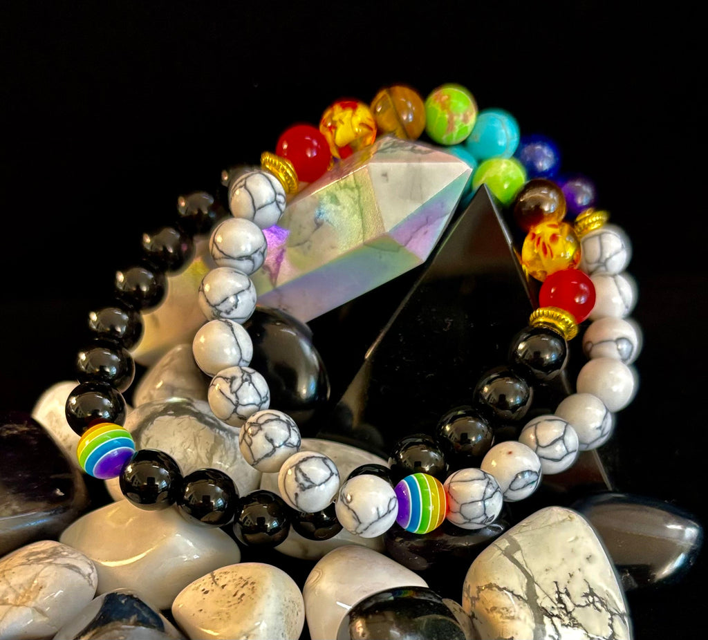 🌈 Faux Stone Chakra Bracelets with LGBTQ Pride Bead – White, Black, or Lava Rock