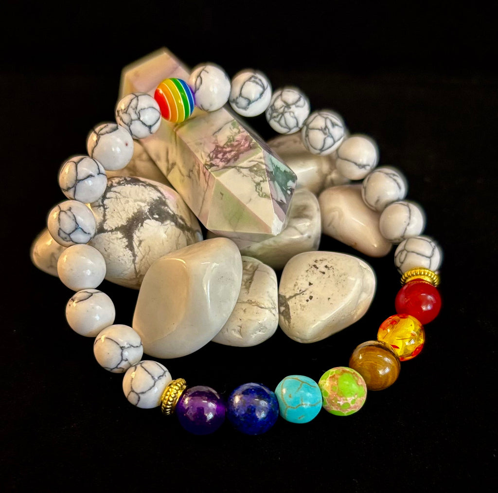 🌈 Faux Stone Chakra Bracelets with LGBTQ Pride Bead – White, Black, or Lava Rock