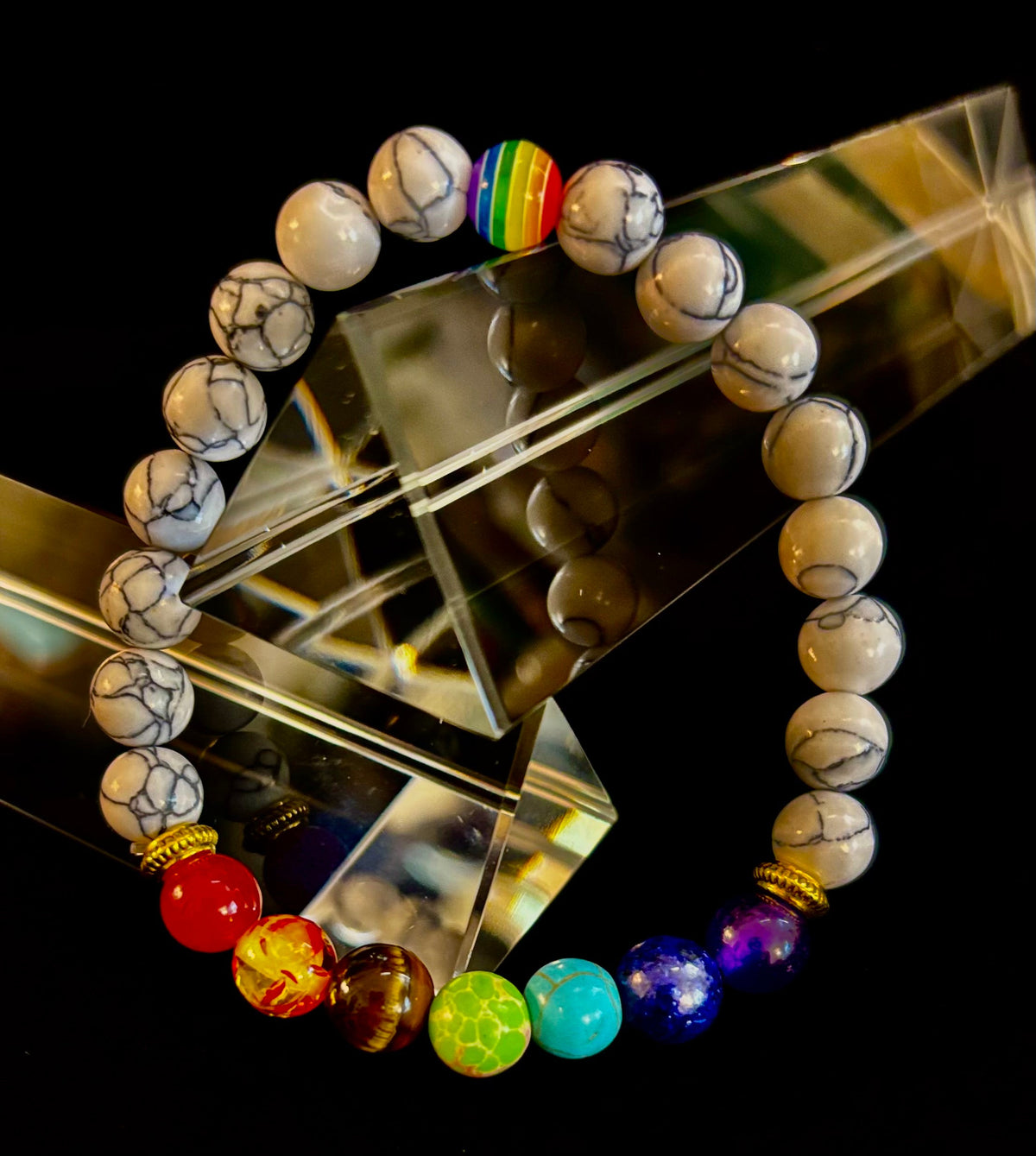 🌈 Faux Stone Chakra Bracelets with LGBTQ Pride Bead – White, Black, or Lava Rock