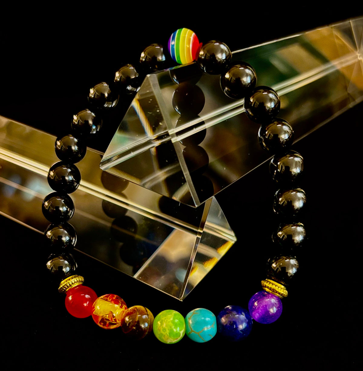 🌈 Faux Stone Chakra Bracelets with LGBTQ Pride Bead – White, Black, or Lava Rock