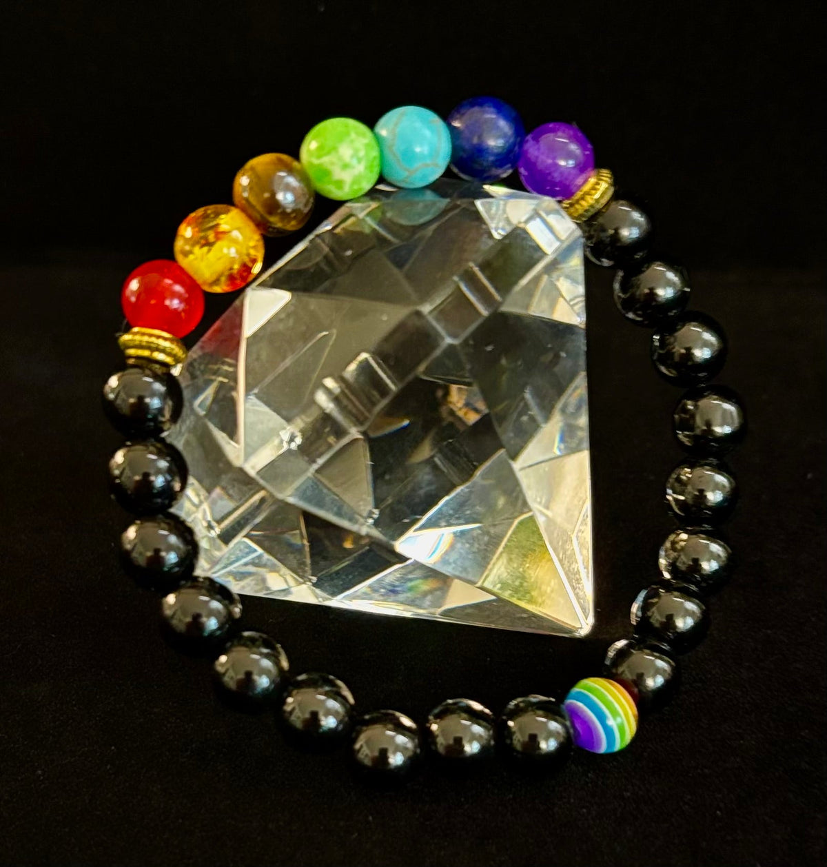 🌈 Faux Stone Chakra Bracelets with LGBTQ Pride Bead – White, Black, or Lava Rock