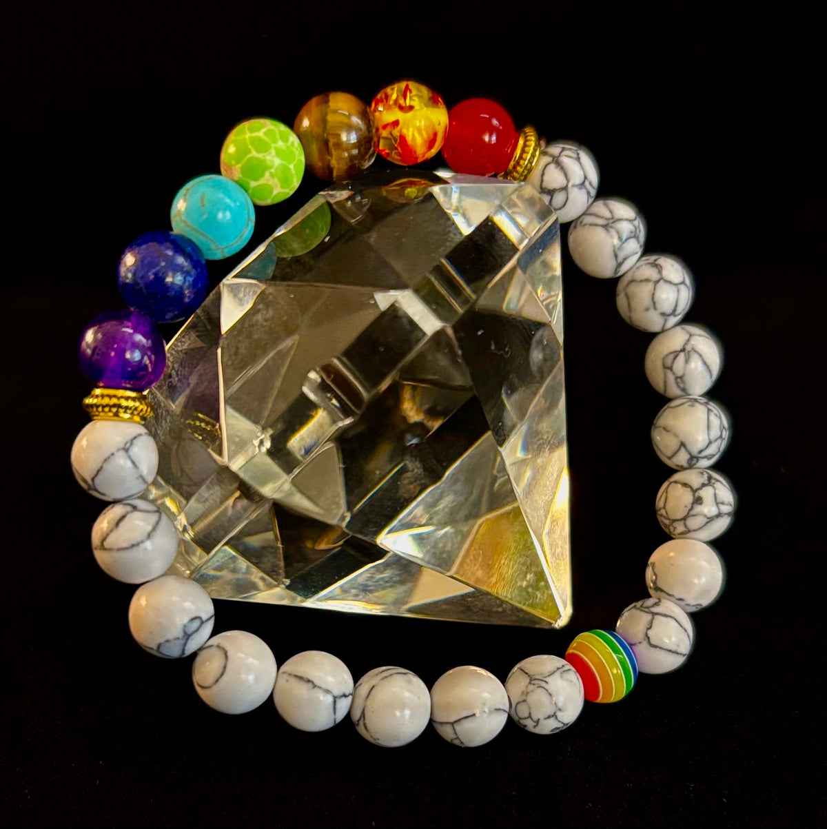 🌈 Faux Stone Chakra Bracelets with LGBTQ Pride Bead – White, Black, or Lava Rock