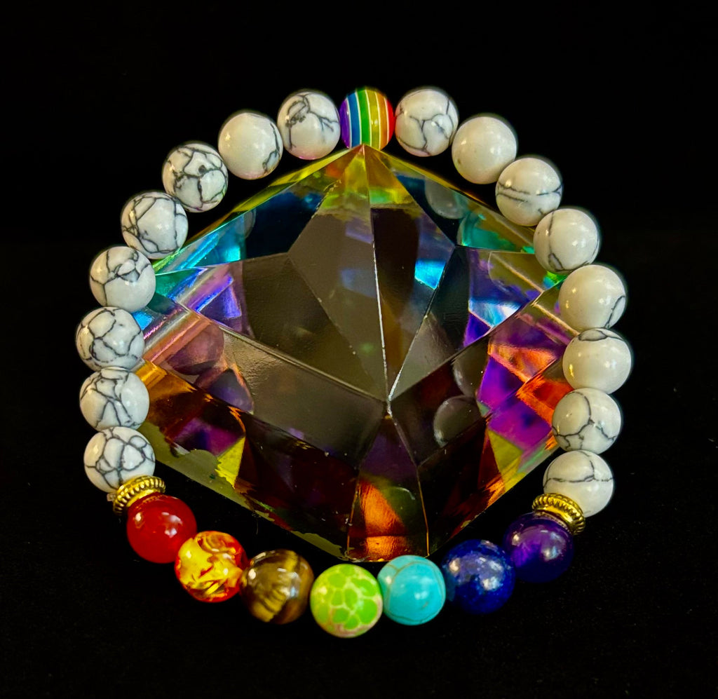 🌈 Faux Stone Chakra Bracelets with Pride Bead – White or Black