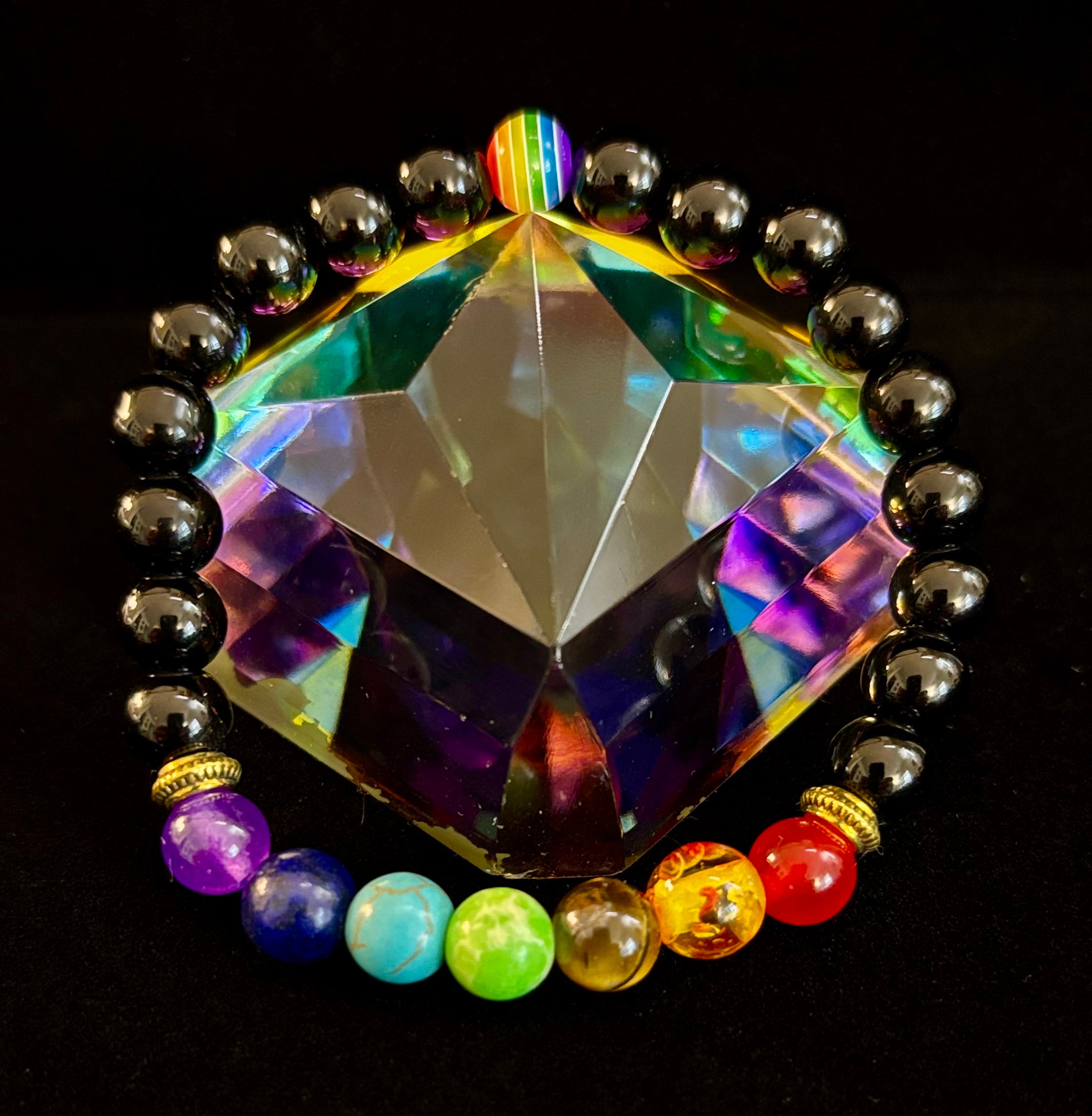 🌈 Faux Stone Chakra Bracelets with Pride Bead – White or Black