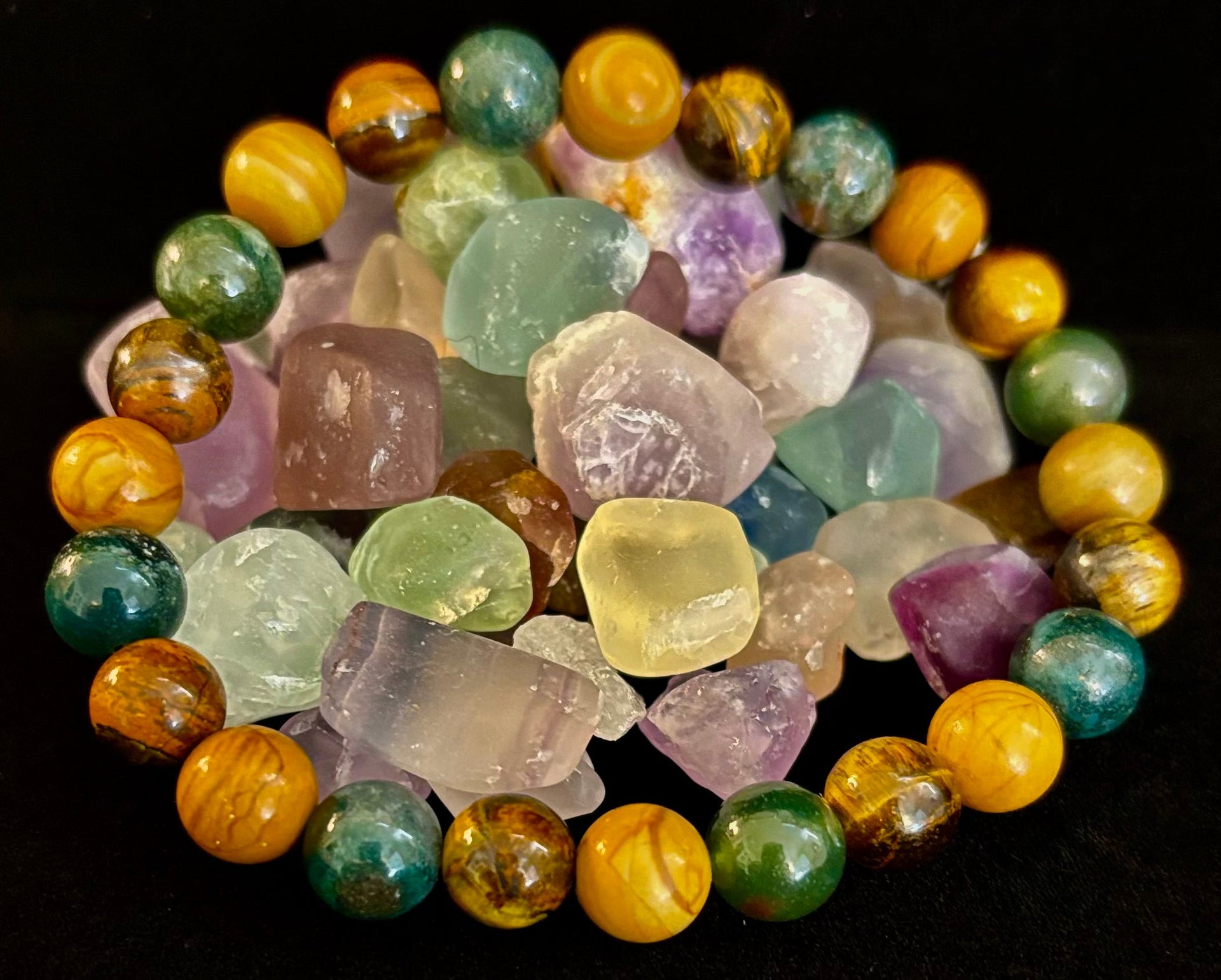 Moss Agate, Yellow Tiger Eye & Wood Jasper Bracelet – 8mm Beads for Large Wrists