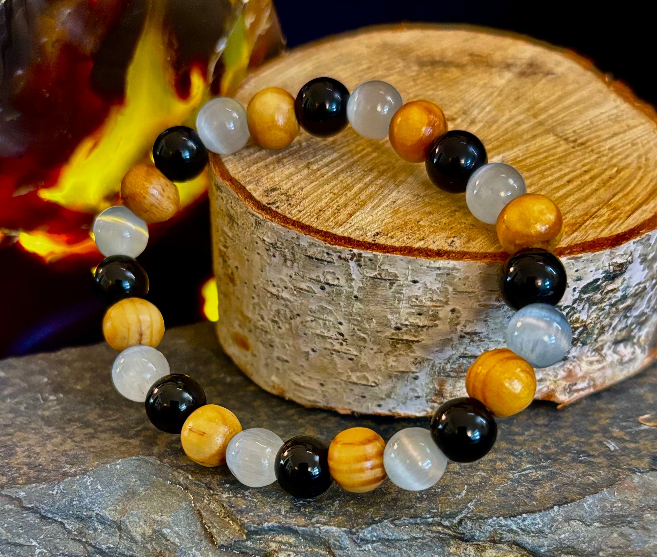 Selenite, Black Tourmaline & Palo Santo Bracelet – Protection & Cleansing for Small Wrists