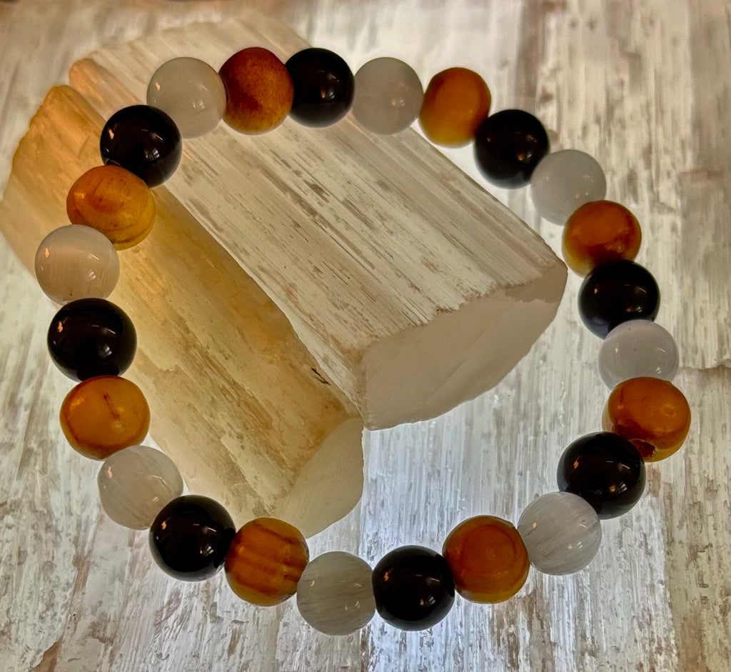 Selenite, Black Tourmaline & Palo Santo Bracelet – Protection & Cleansing for Small Wrists
