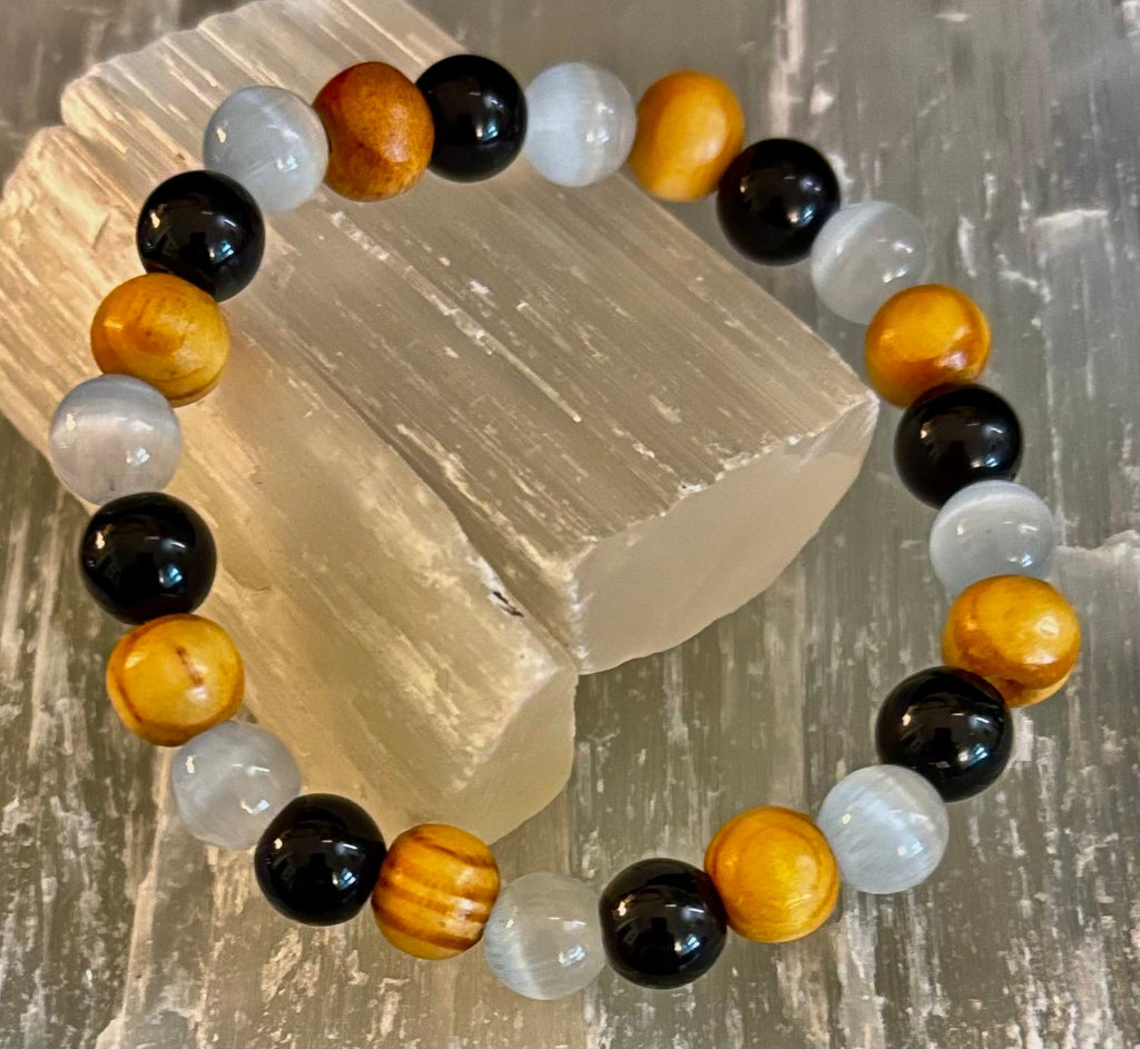 Selenite, Black Tourmaline & Palo Santo Bracelet – Protection & Cleansing for Small Wrists
