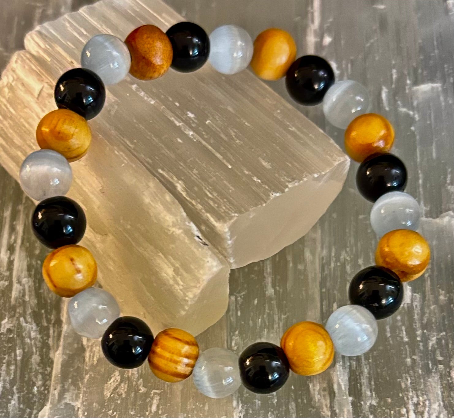 Selenite, Black Tourmaline & Palo Santo Bracelet – Protection & Cleansing for Small Wrists