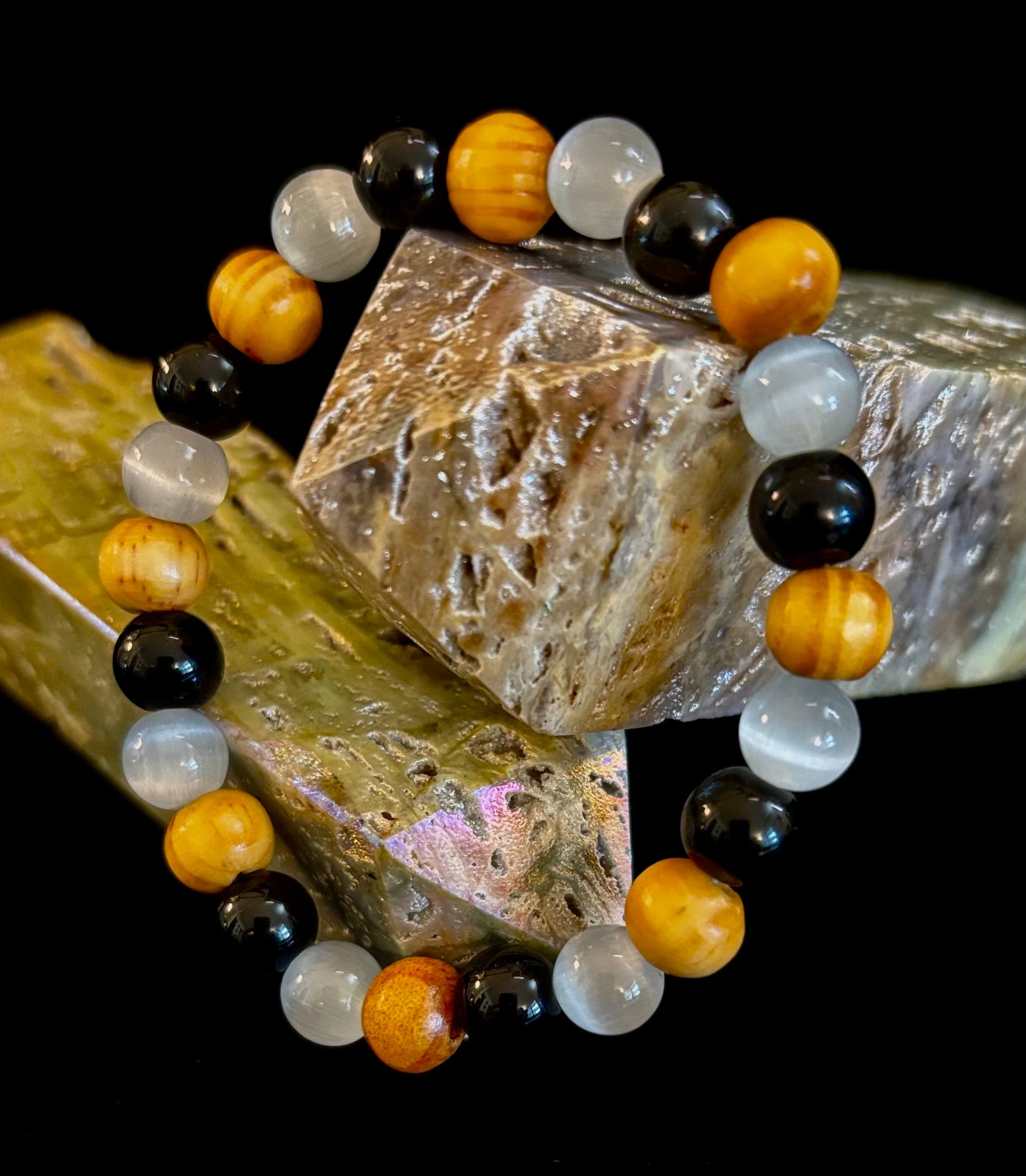 Selenite, Black Tourmaline & Palo Santo Bracelet – Protection & Cleansing for Small Wrists