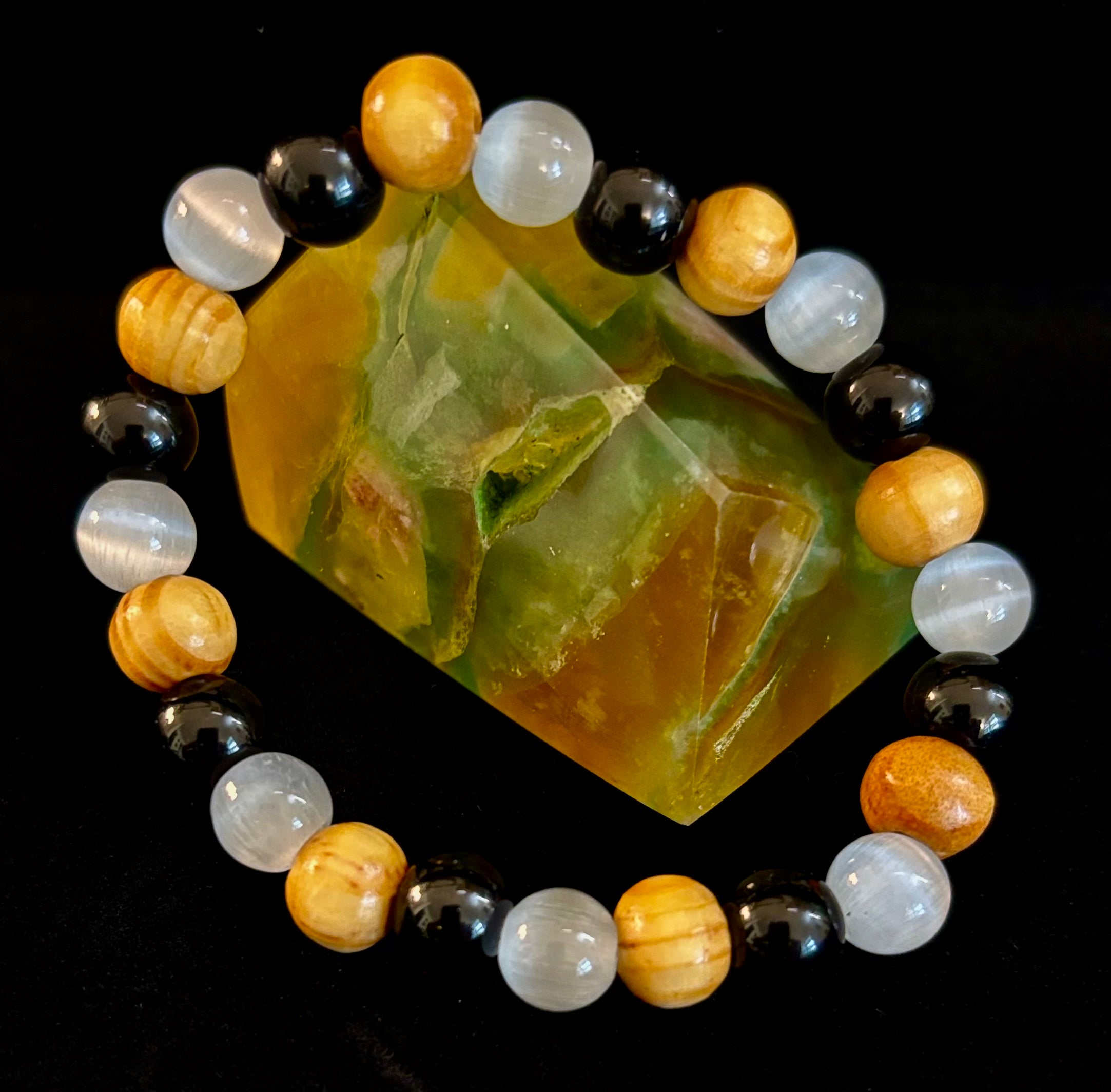 Selenite, Black Tourmaline & Palo Santo Bracelet – Protection & Cleansing for Small Wrists