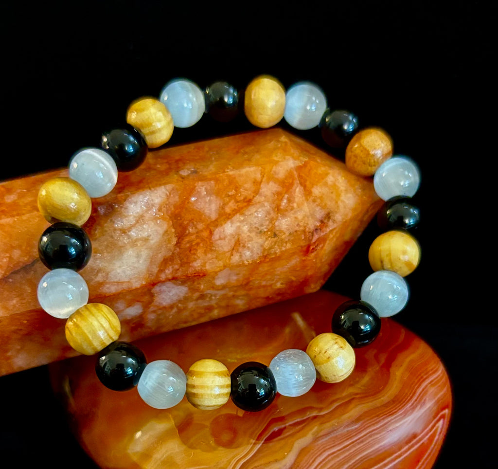 Selenite, Black Tourmaline & Palo Santo Bracelet – Protection & Cleansing for Small Wrists