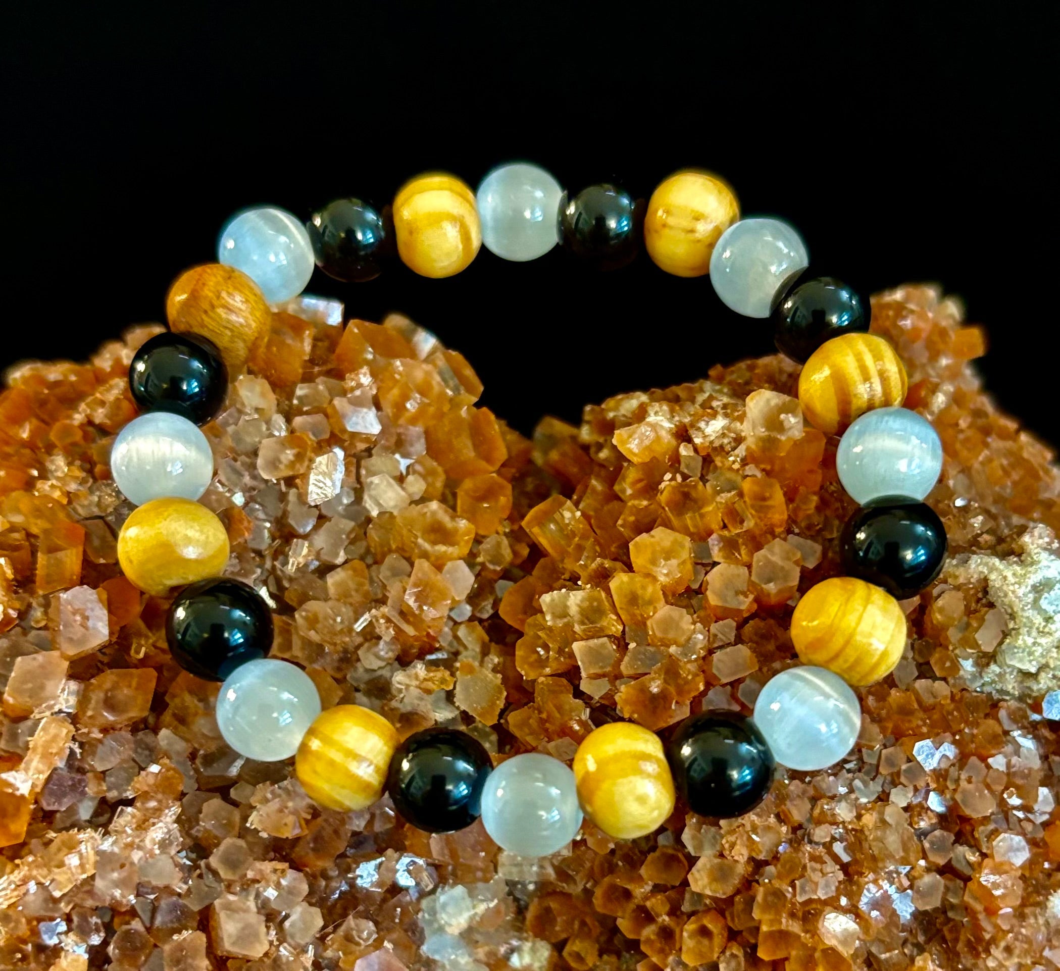 Selenite, Black Tourmaline & Palo Santo Bracelet – Protection & Cleansing for Small Wrists