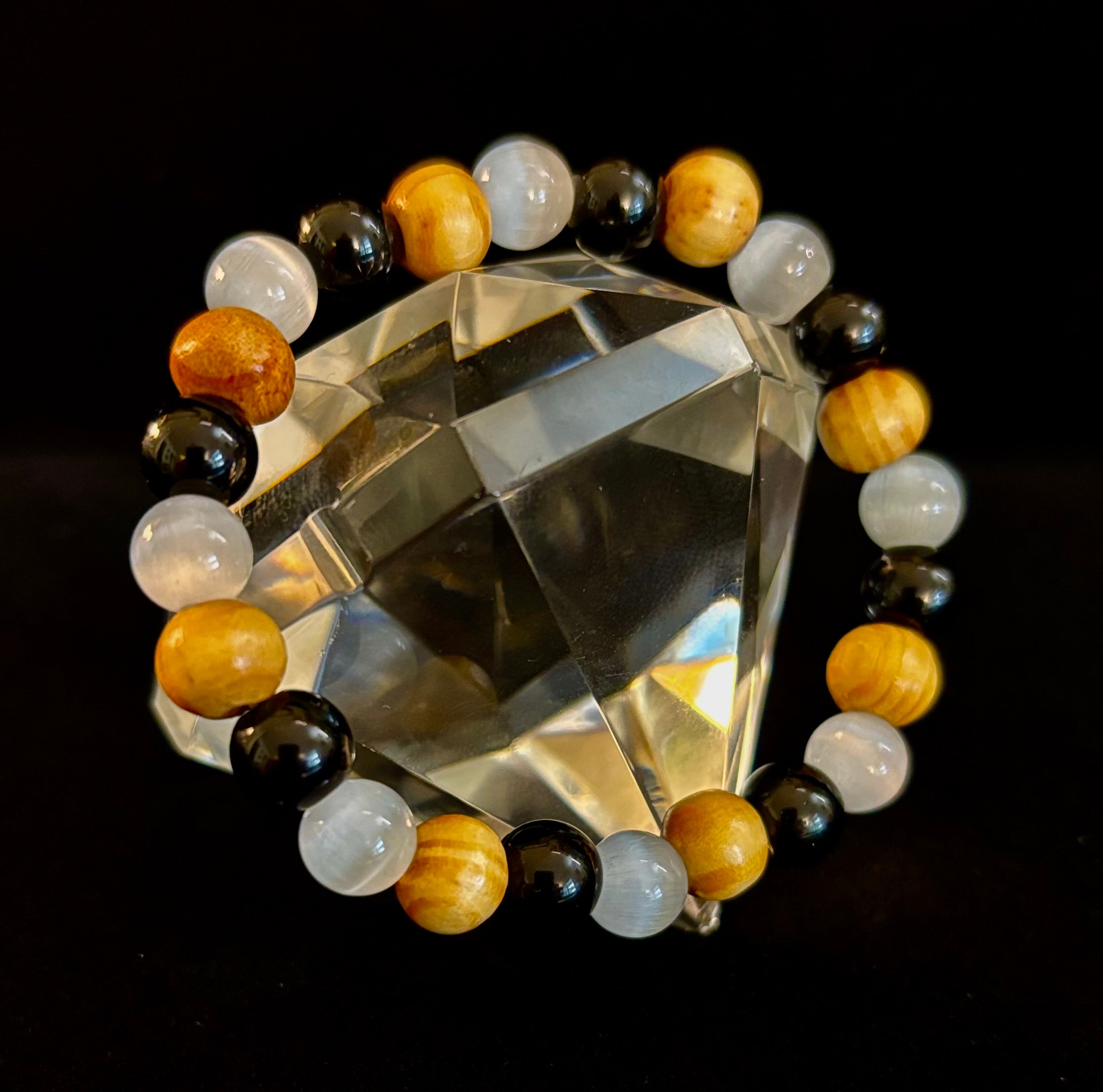 Selenite, Black Tourmaline & Palo Santo Bracelet – Protection & Cleansing for Small Wrists