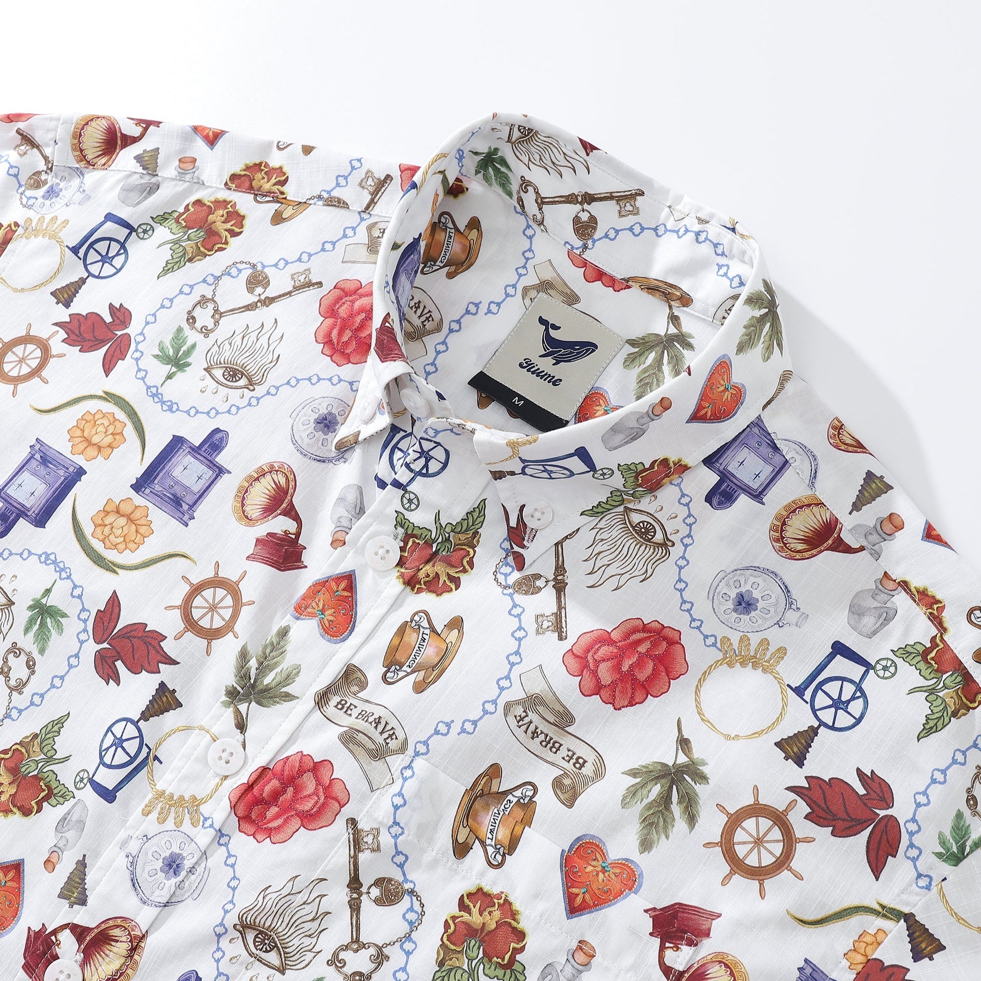 Men's Vintage Bohemian Grocery Print Hawaiian Shirt White Cotton