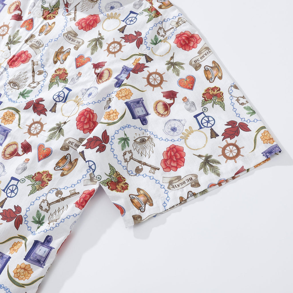 Men's Vintage Bohemian Grocery Print Hawaiian Shirt White Cotton