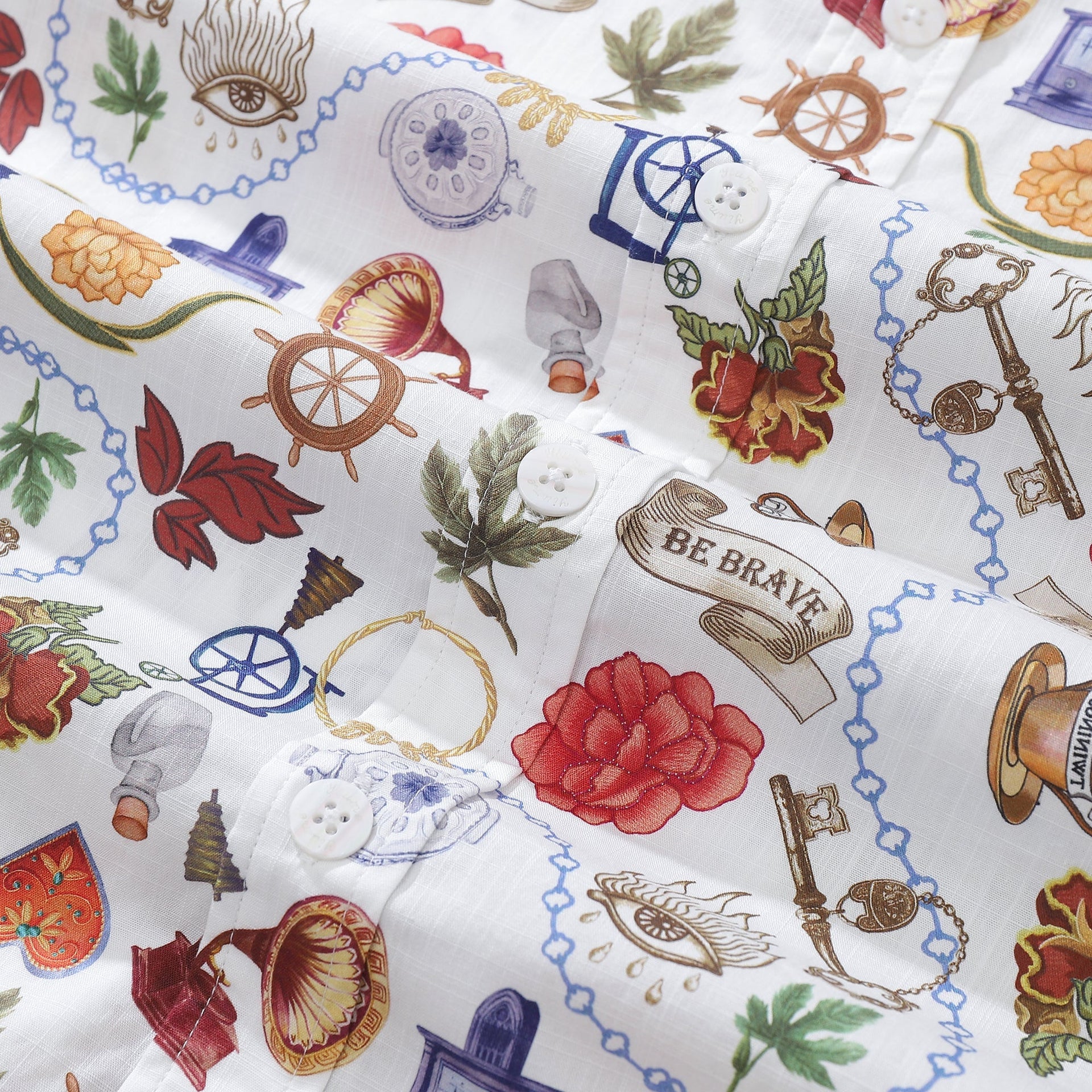 Men's Vintage Bohemian Grocery Print Hawaiian Shirt White Cotton