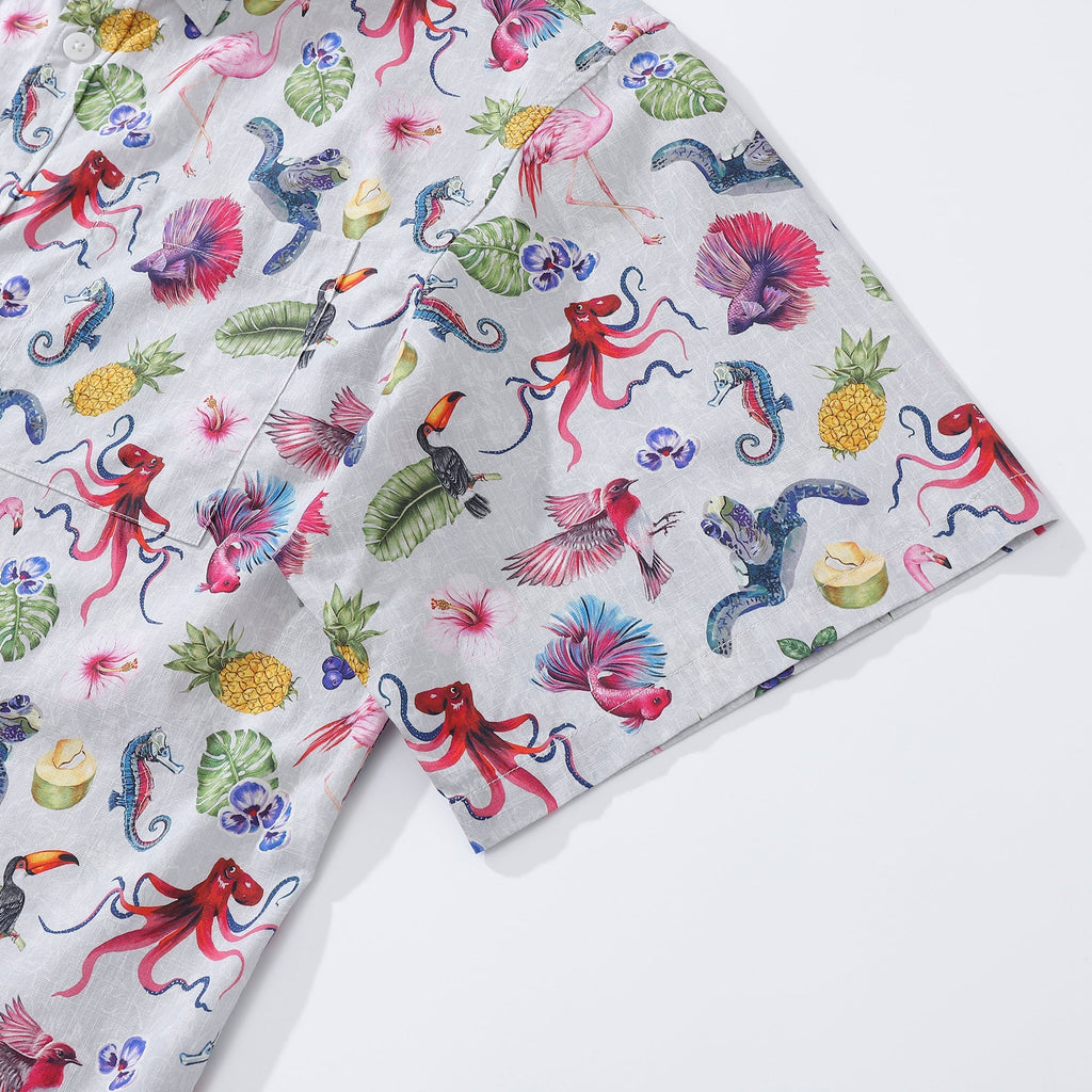 Tropical Symphony Print Men's Cotton Short Sleeve Aloha Shirt