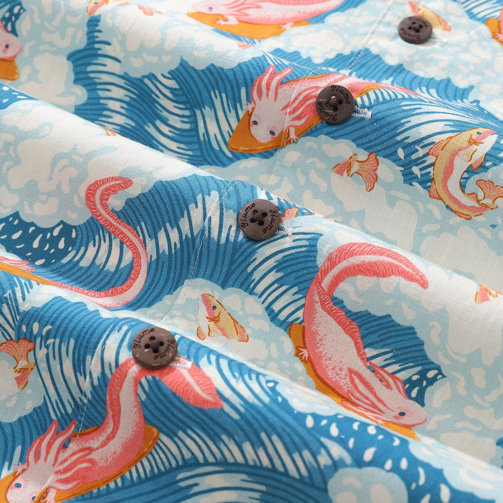 Axolotl Fun Surfing Cotton Camp Collar Hawaiian Shirt