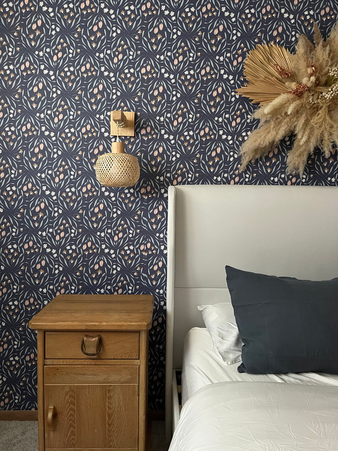 Primrose Floral Wallpaper in White, Blue, Blush, and Gold