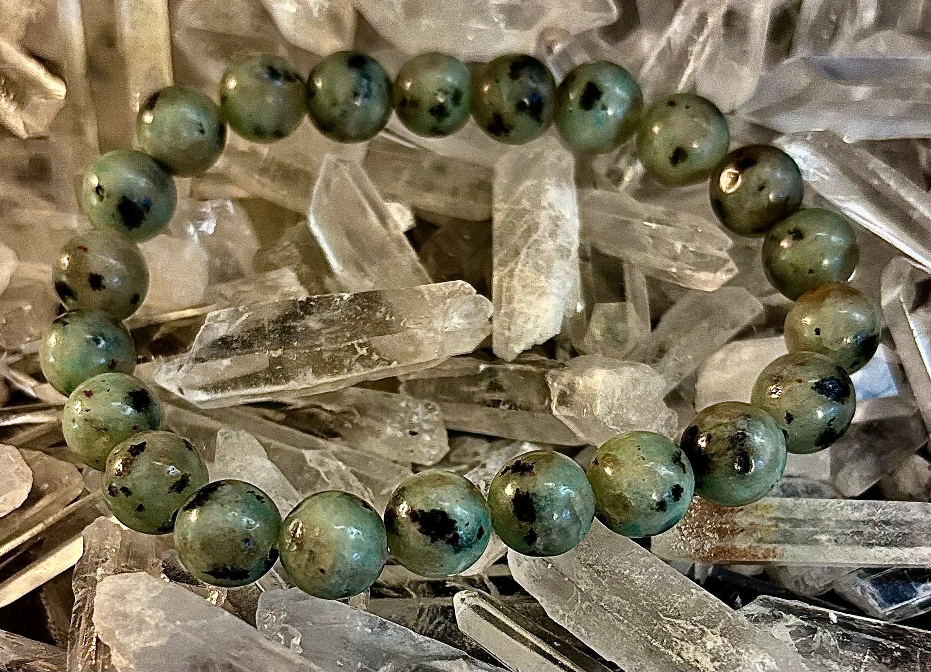 Sesame Kiwi Jasper Bracelet – 8mm Beads, Medium Wrists
