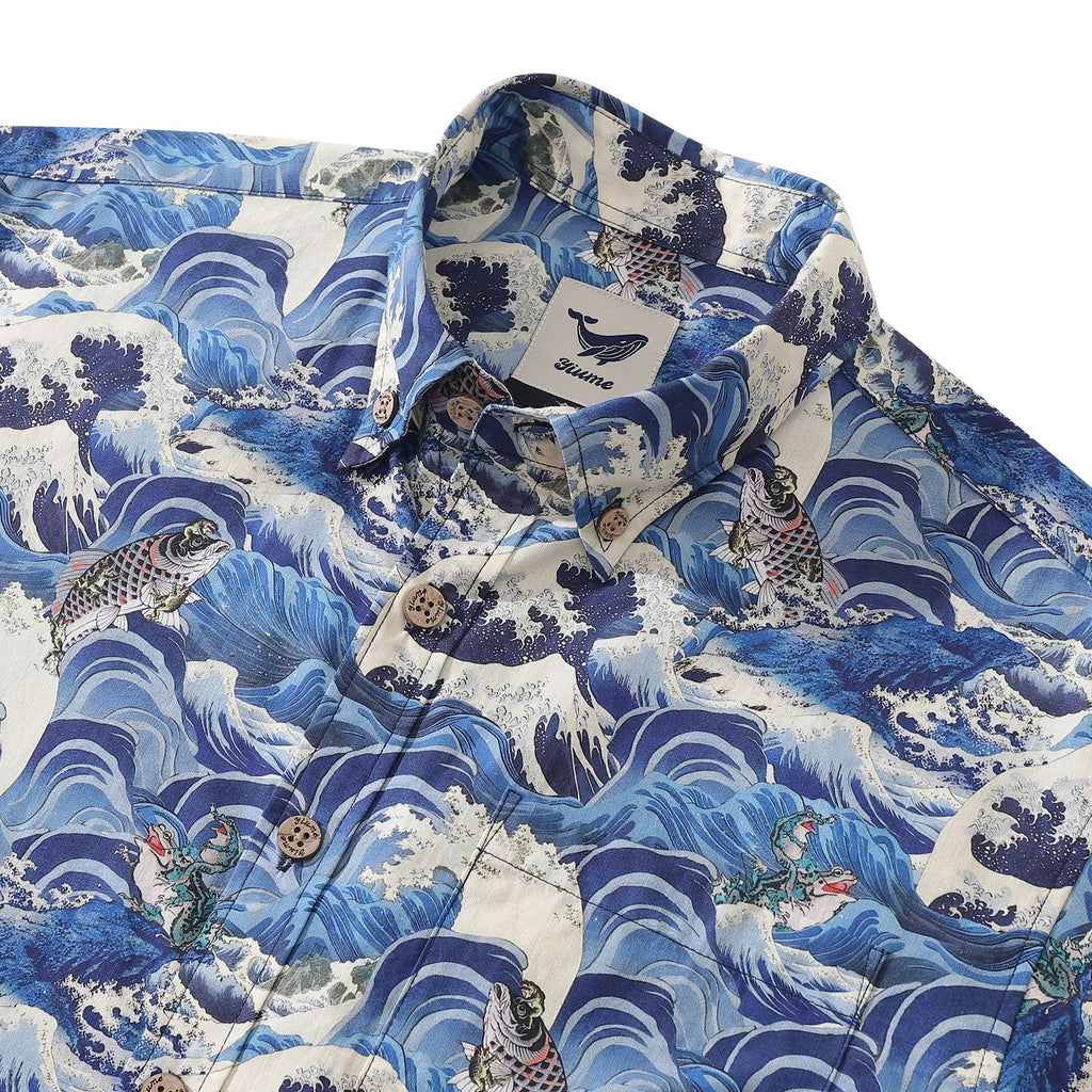 Men's Cotton Hawaiian Shirt Lucky Gold Toad & Carp Print Blue White