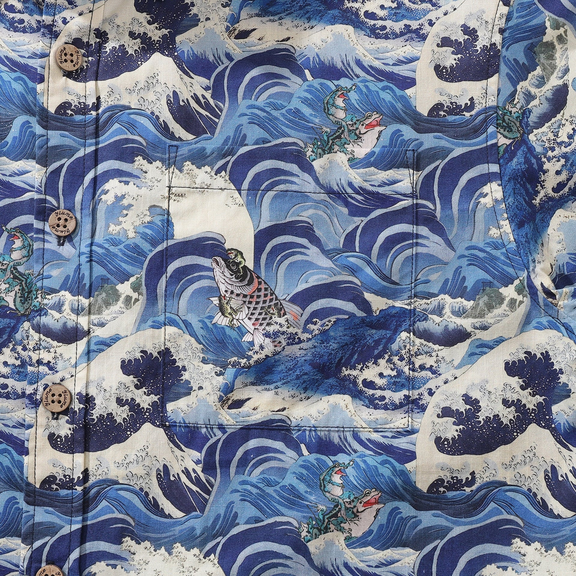 Men's Cotton Hawaiian Shirt Lucky Gold Toad & Carp Print Blue White