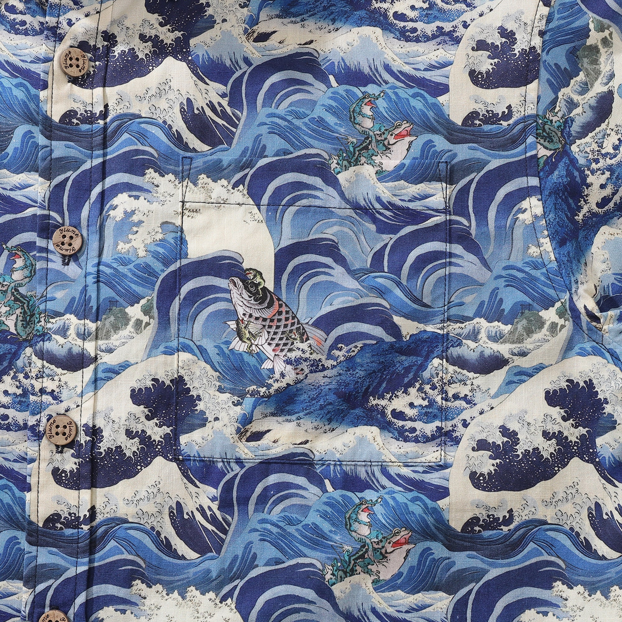 Men's Cotton Hawaiian Shirt Lucky Gold Toad & Carp Print Blue White
