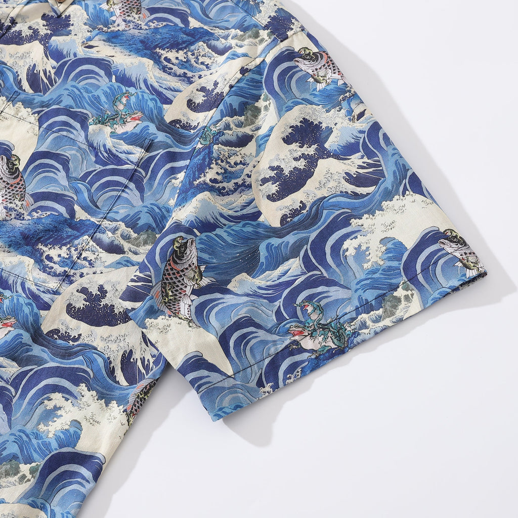 Men's Cotton Hawaiian Shirt Lucky Gold Toad & Carp Print Blue White