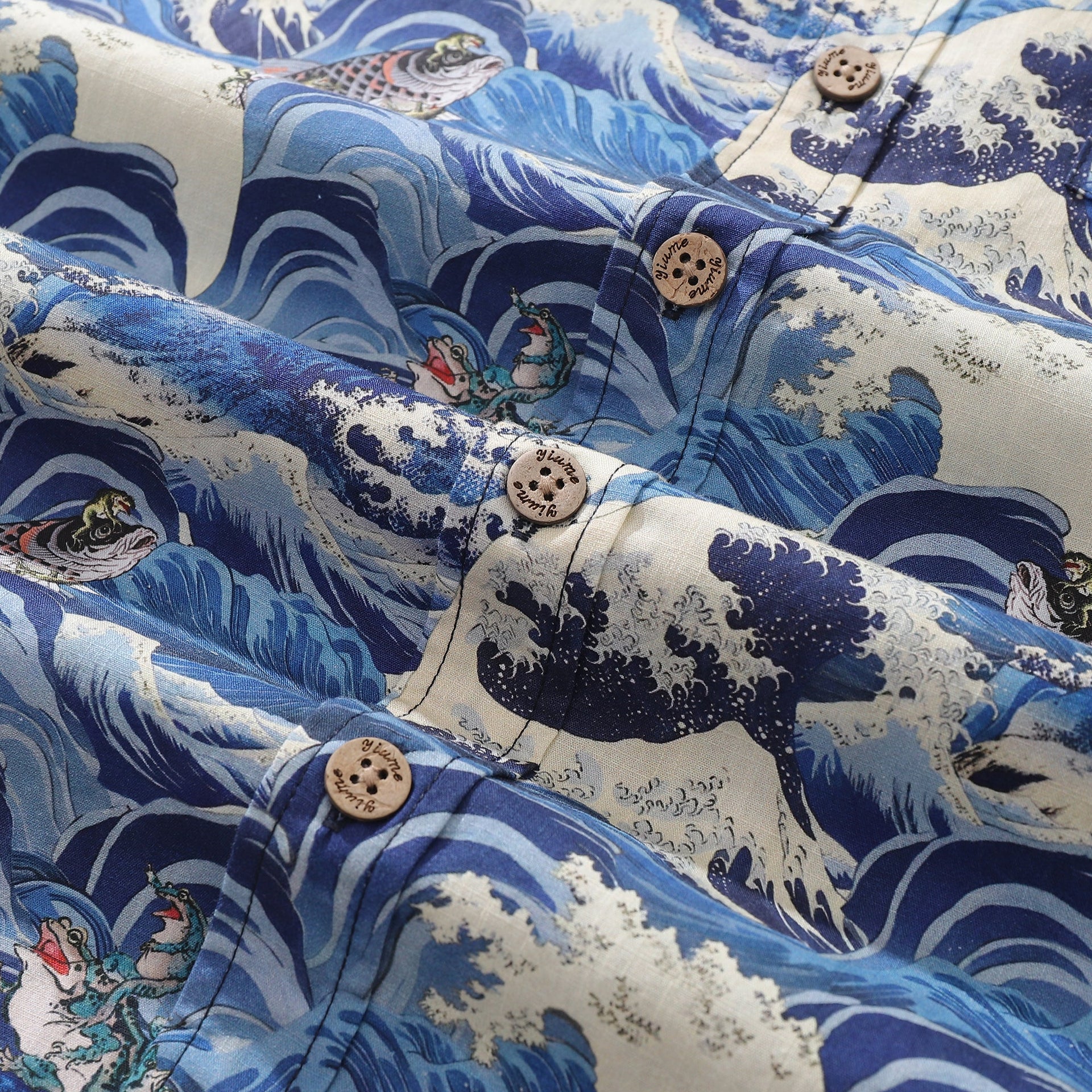 Men's Cotton Hawaiian Shirt Lucky Gold Toad & Carp Print Blue White