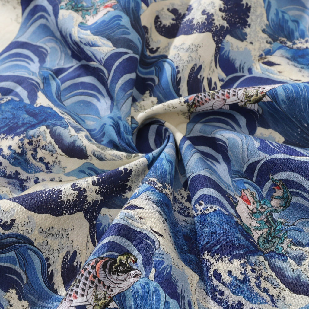Men's Cotton Hawaiian Shirt Lucky Gold Toad & Carp Print Blue White
