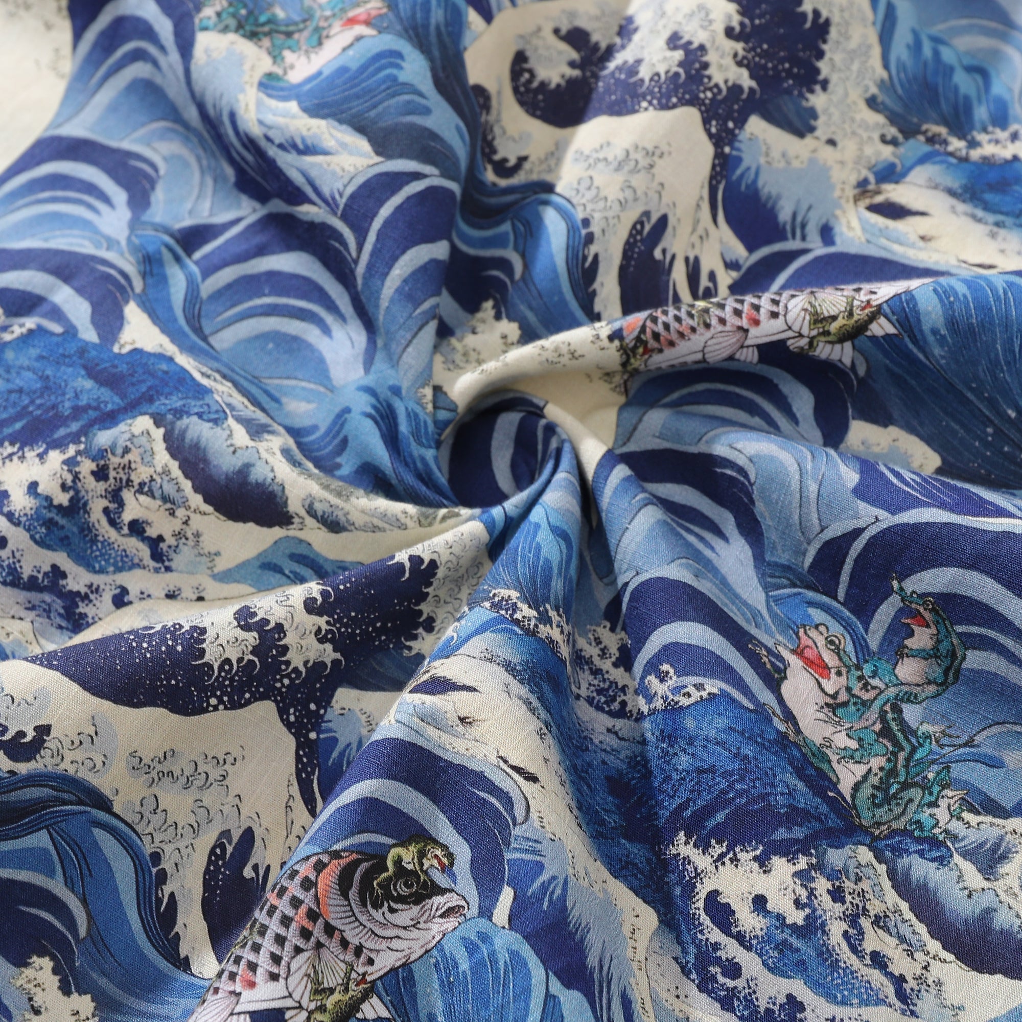 Men's Cotton Hawaiian Shirt Lucky Gold Toad & Carp Print Blue White