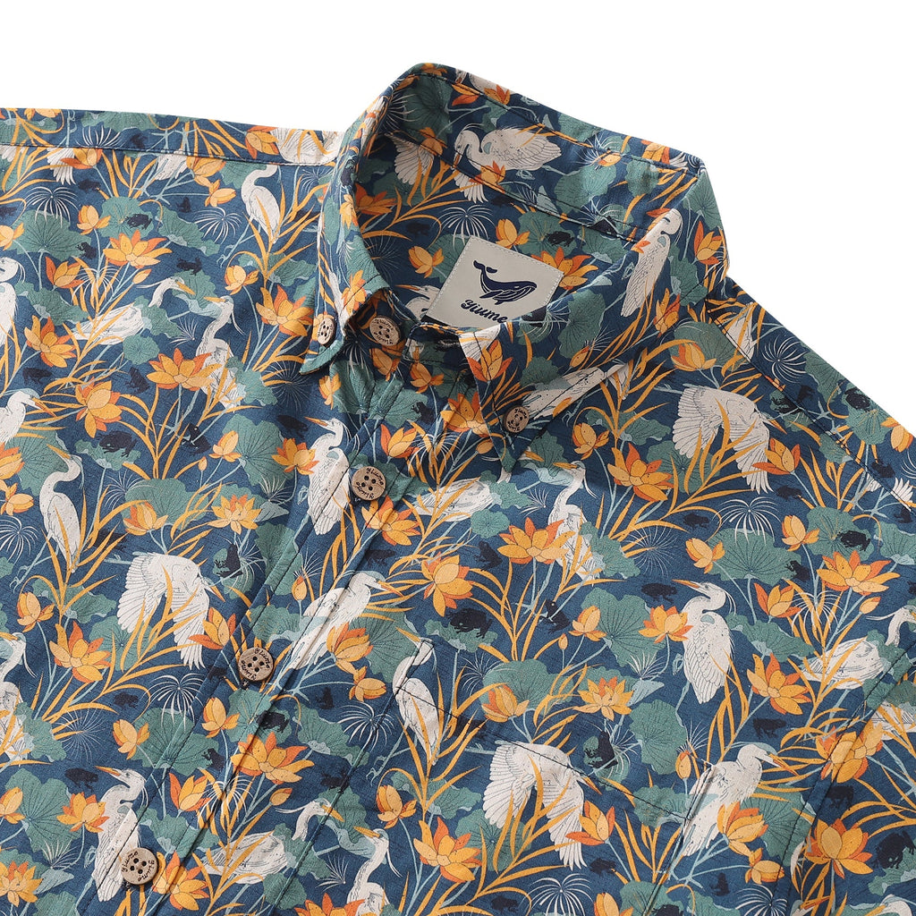 Men's Pond Scene Print Cotton Short Sleeve Hawaiian Shirt