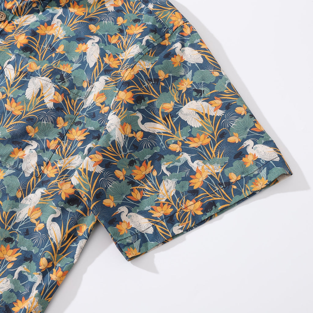 Men's Pond Scene Print Cotton Short Sleeve Hawaiian Shirt