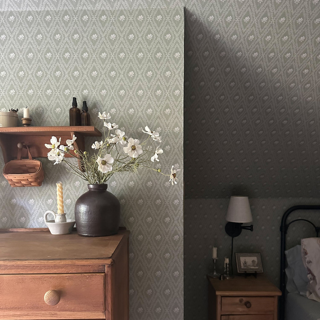 Violet wallpaper design by Taddy Mikelaites on a neutral accent wall