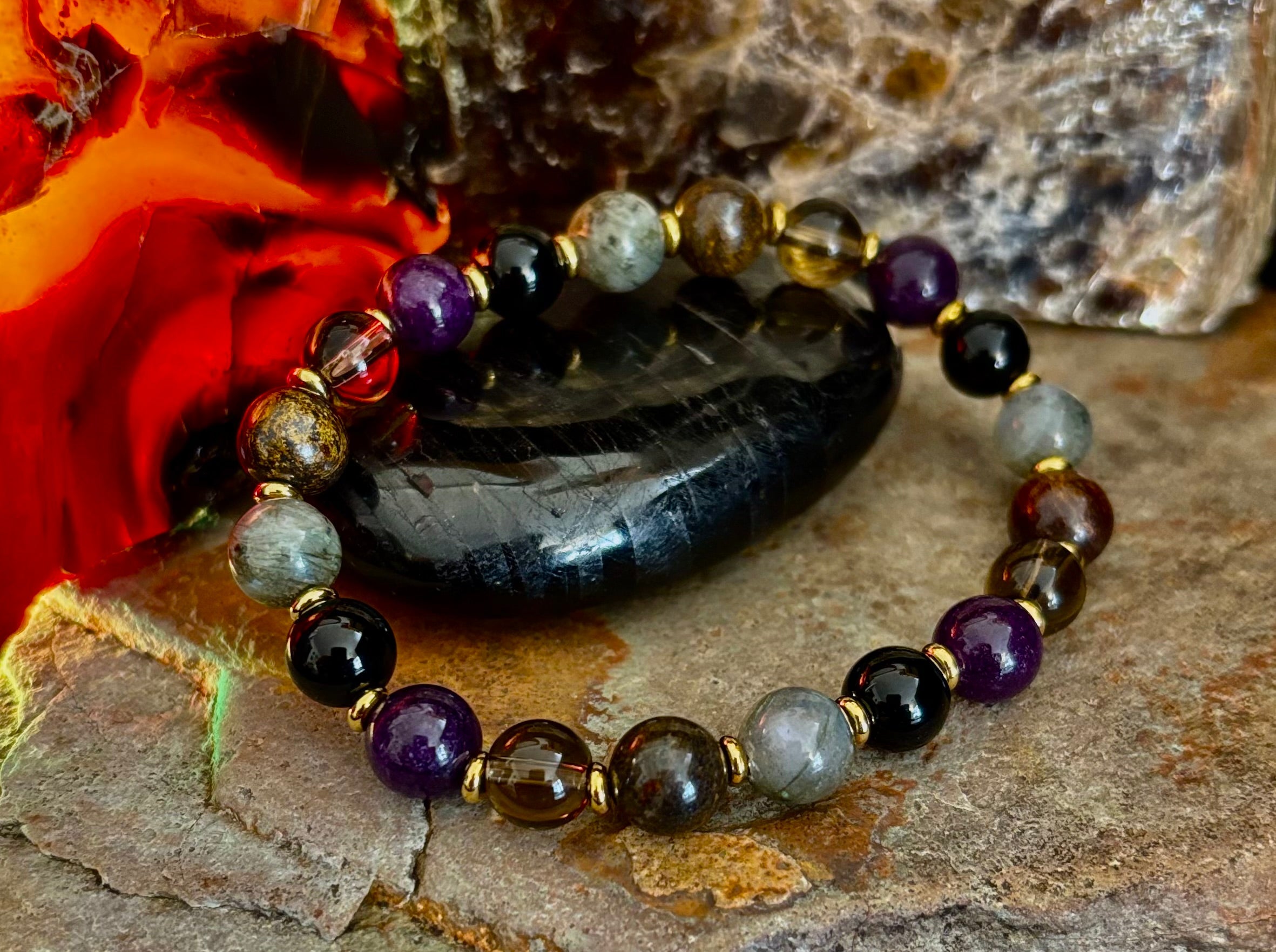 Mystic Energy - Labradorite, Amethyst, Smoky Quartz, Black Onyx & Tiger’s Eye Reiki-Infused Protection & Balance Bracelet